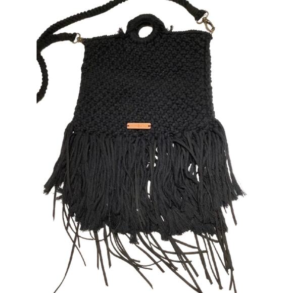 Knots & Wood Crocheted Black Purse - Western, Unique, Boho Fringe - Picture 1 of 6